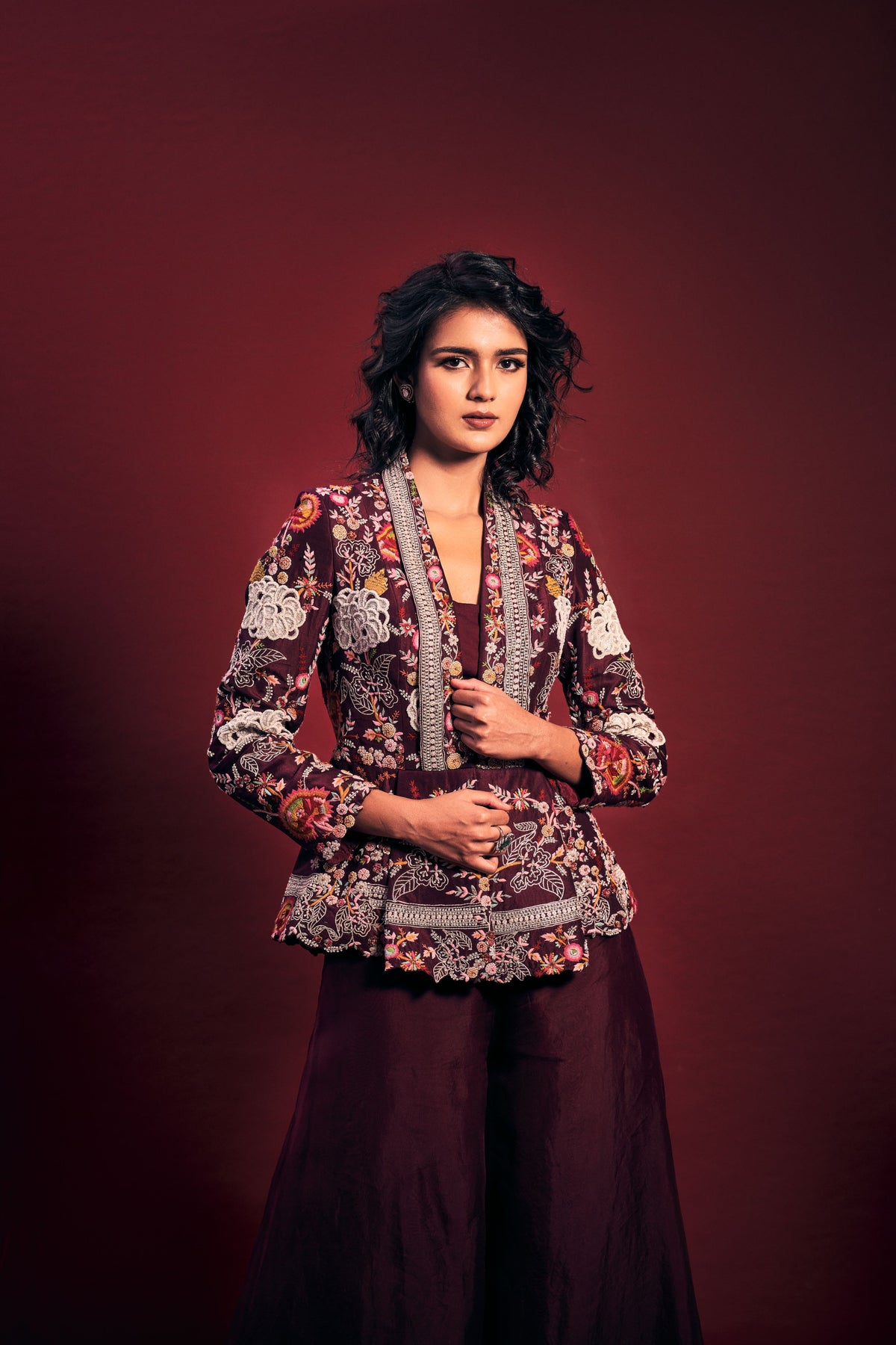 Purple Embroidered Jacket Set