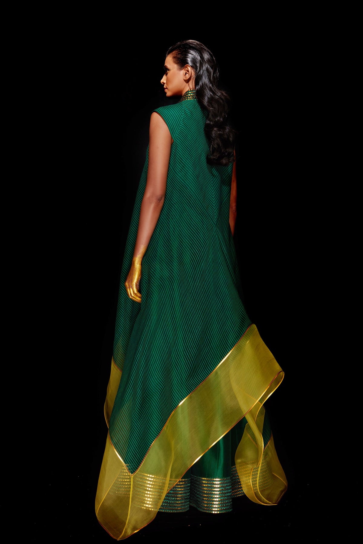 Striped asymmetric kurta with flared pants in green