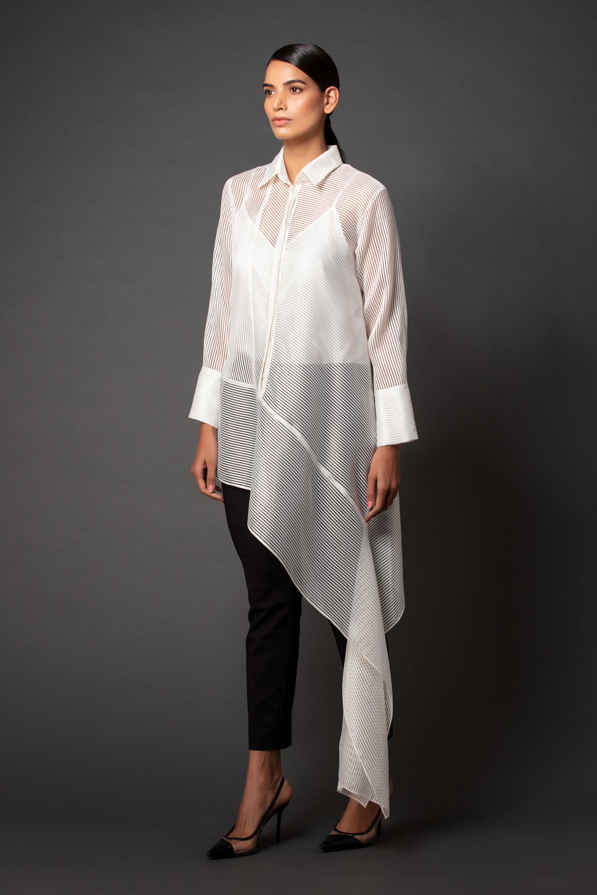 Sheer asymmetric shirt.