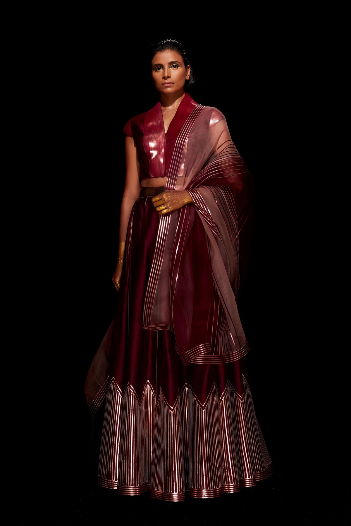 Metallic structured lehenga in maroon