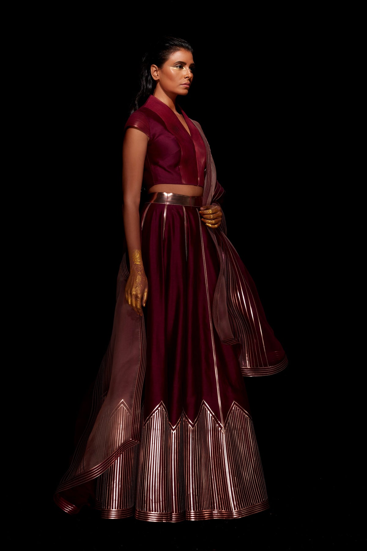 Metallic structured lehenga in maroon