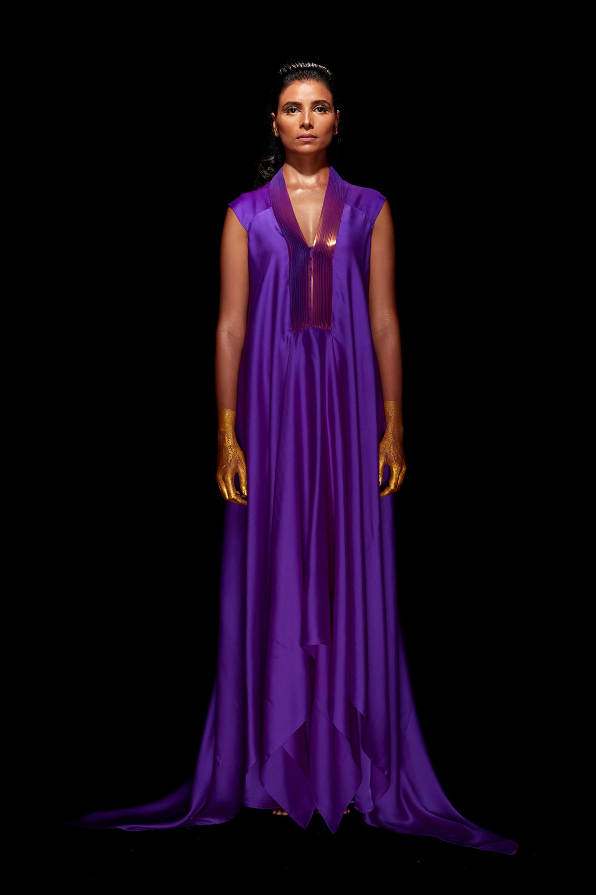 Metallic draped dress in purple