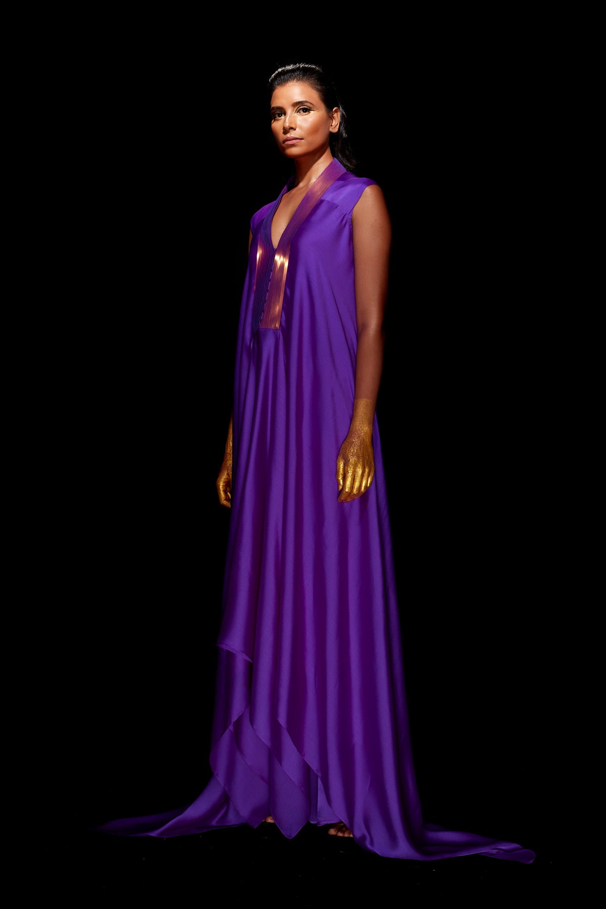 Metallic draped dress in purple