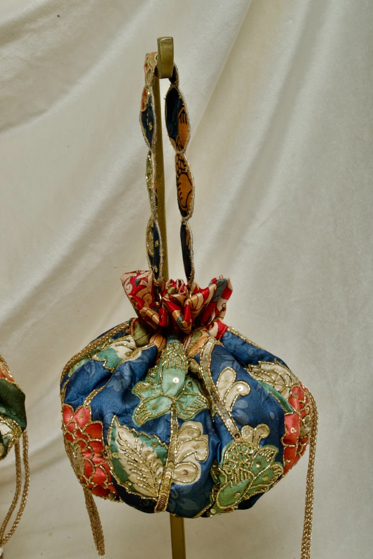 Kalamkari Gol Potli Bag Blue