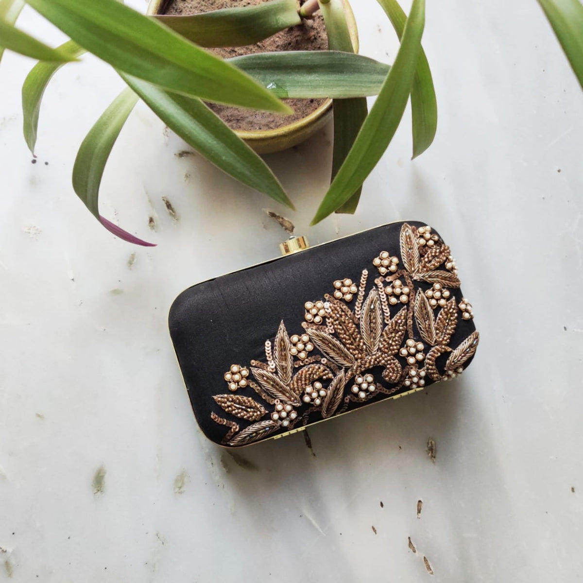 Black dabka leaf handembroidered clutch