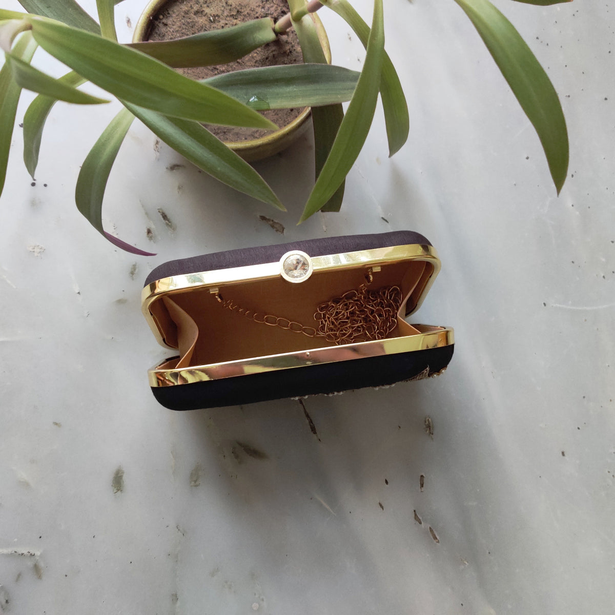 Black dabka leaf handembroidered clutch