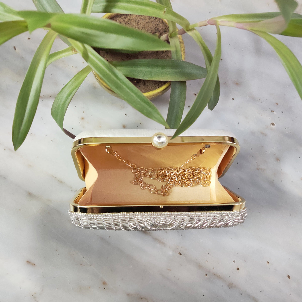 Silver cleopatra handembroidered clutch