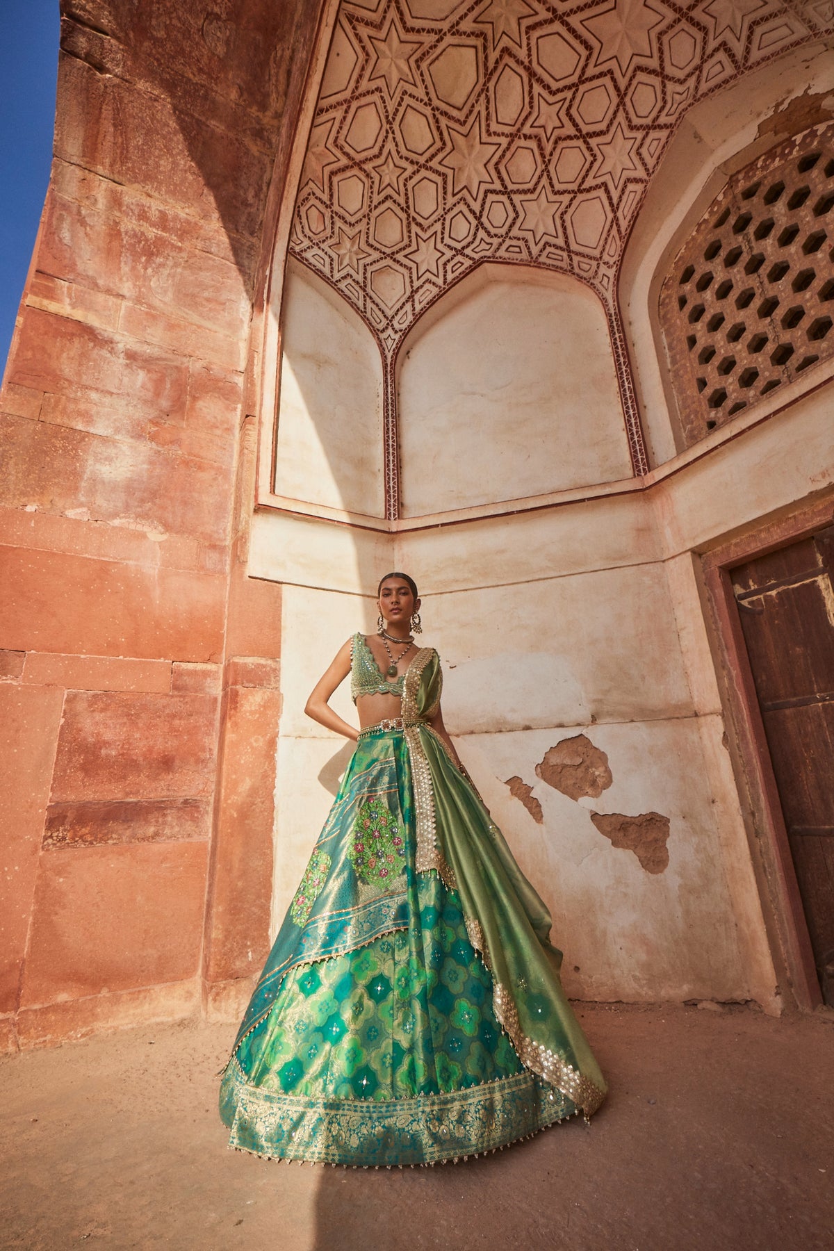 Green Panelled Banarasi Lehenga Set