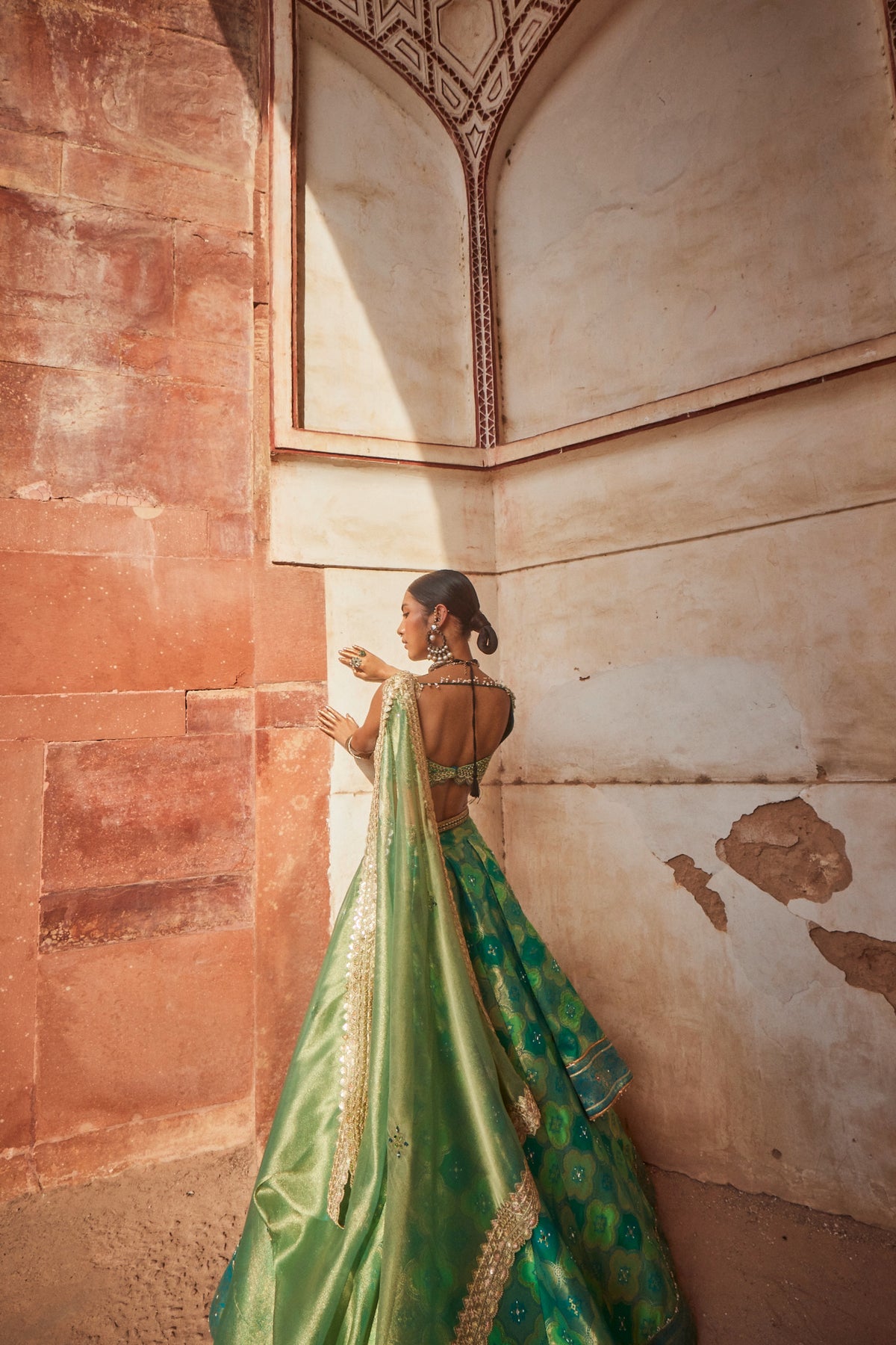 Green Panelled Banarasi Lehenga Set