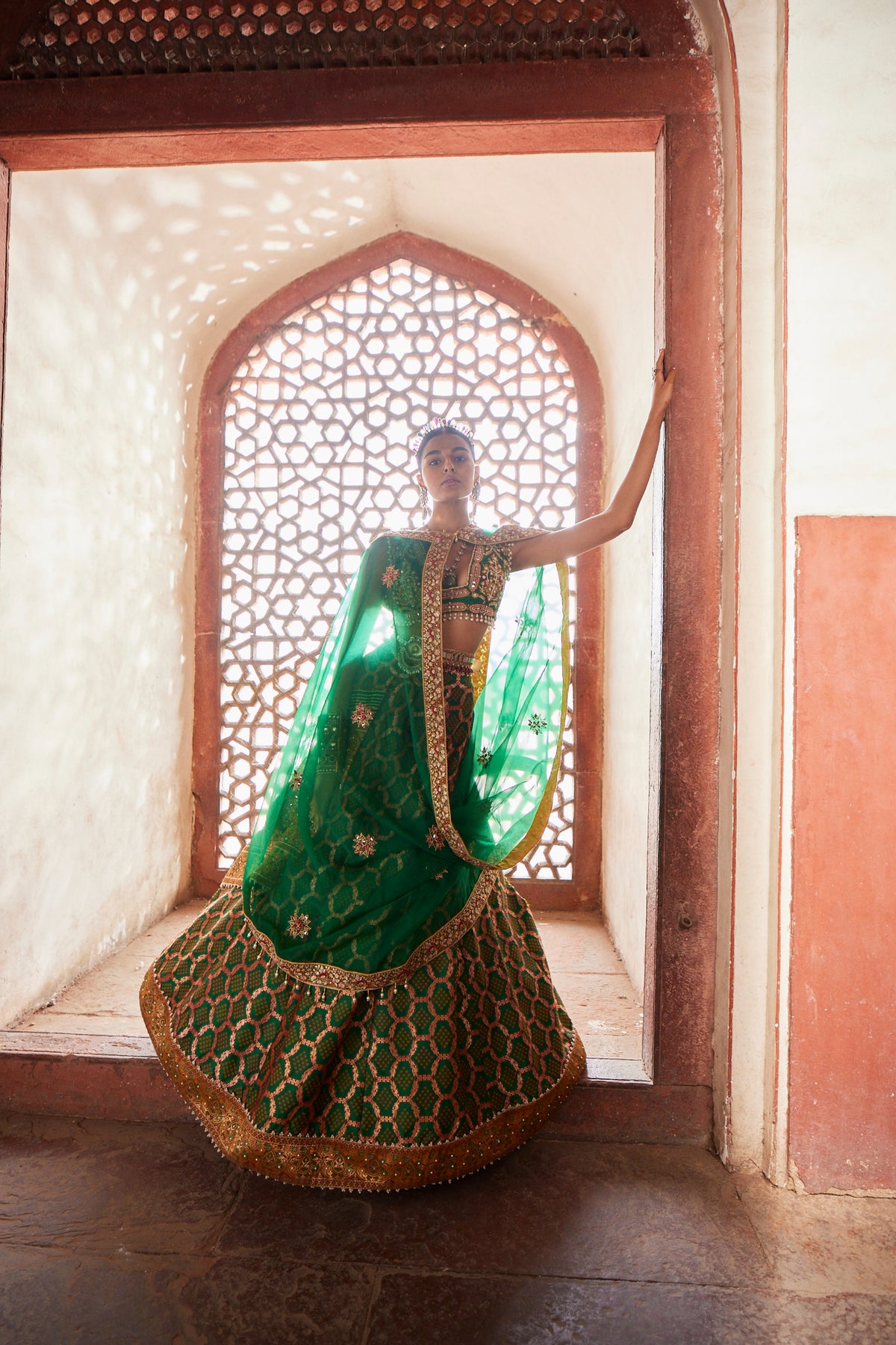 Green Bandhani Banarasi Lehenga Set