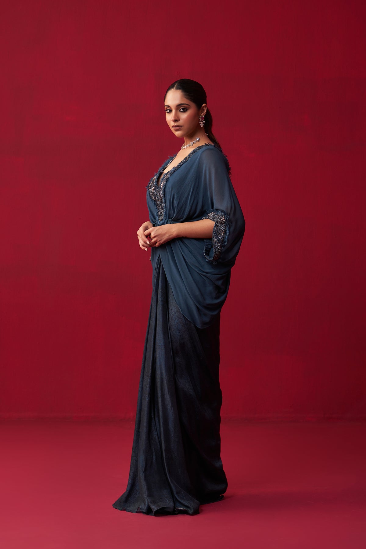 Blue Georgette Draped Top Skirt Set