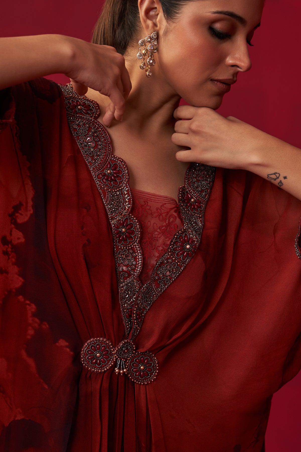 Red Marble Print Mandala Kaftan