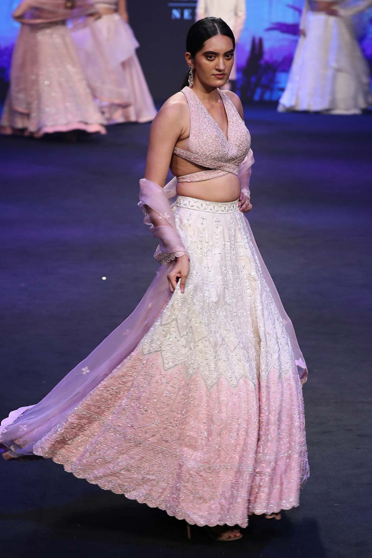 Beige &amp; amaranth pink ombre lehenga set