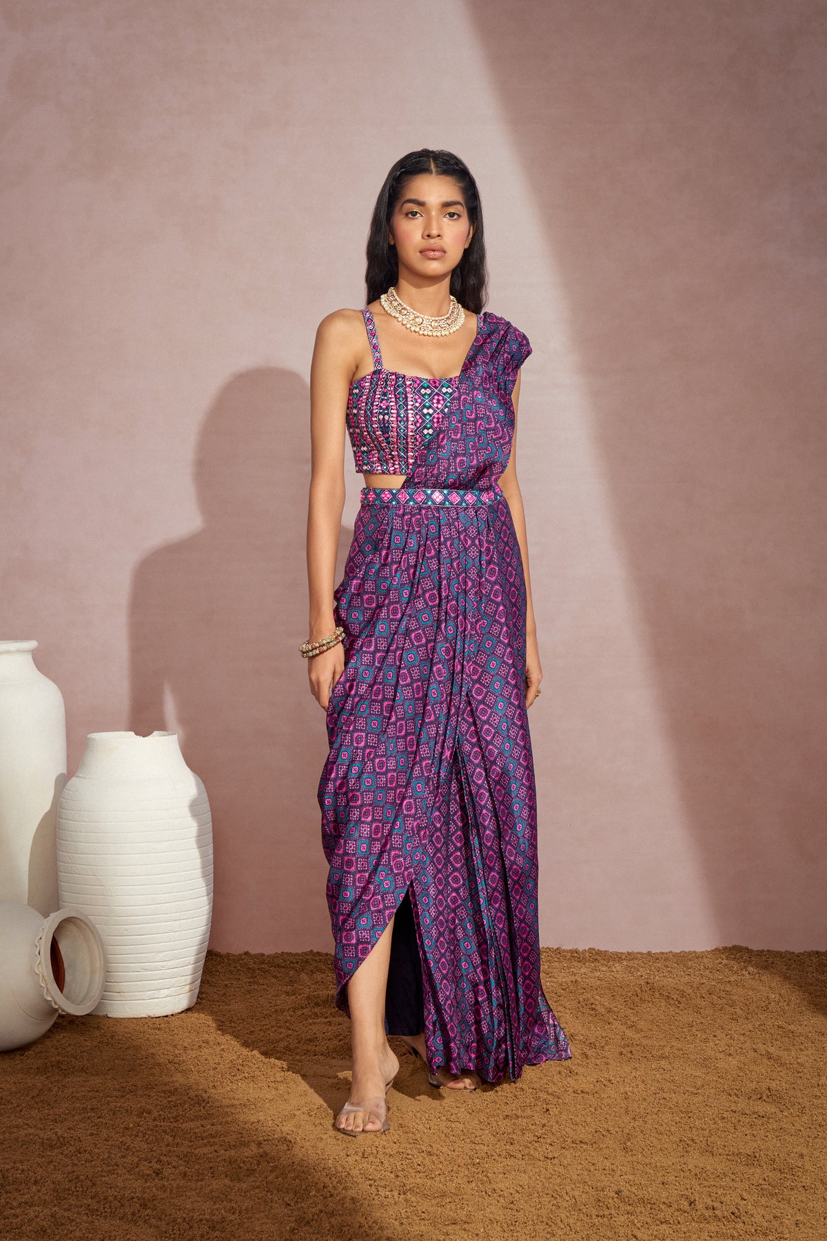 Purple Draped Saree Set