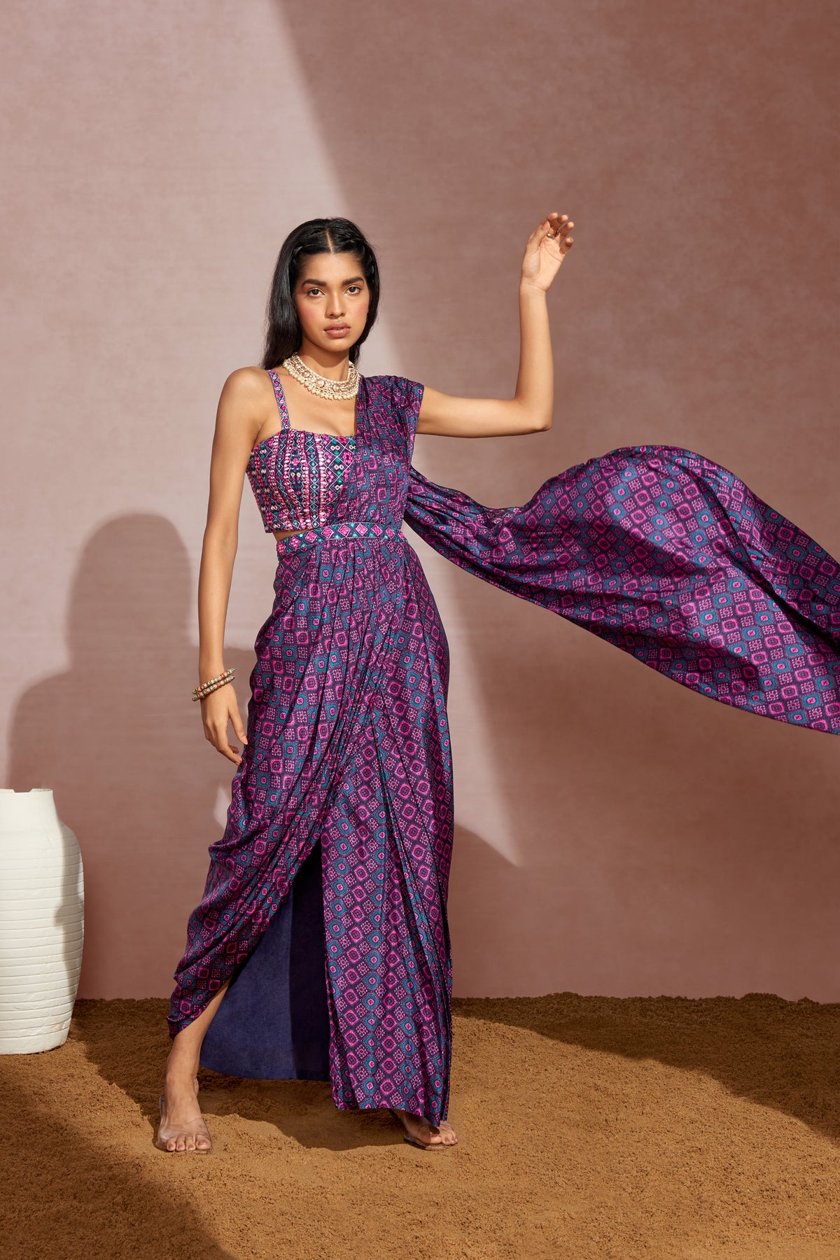 Purple Draped Saree Set