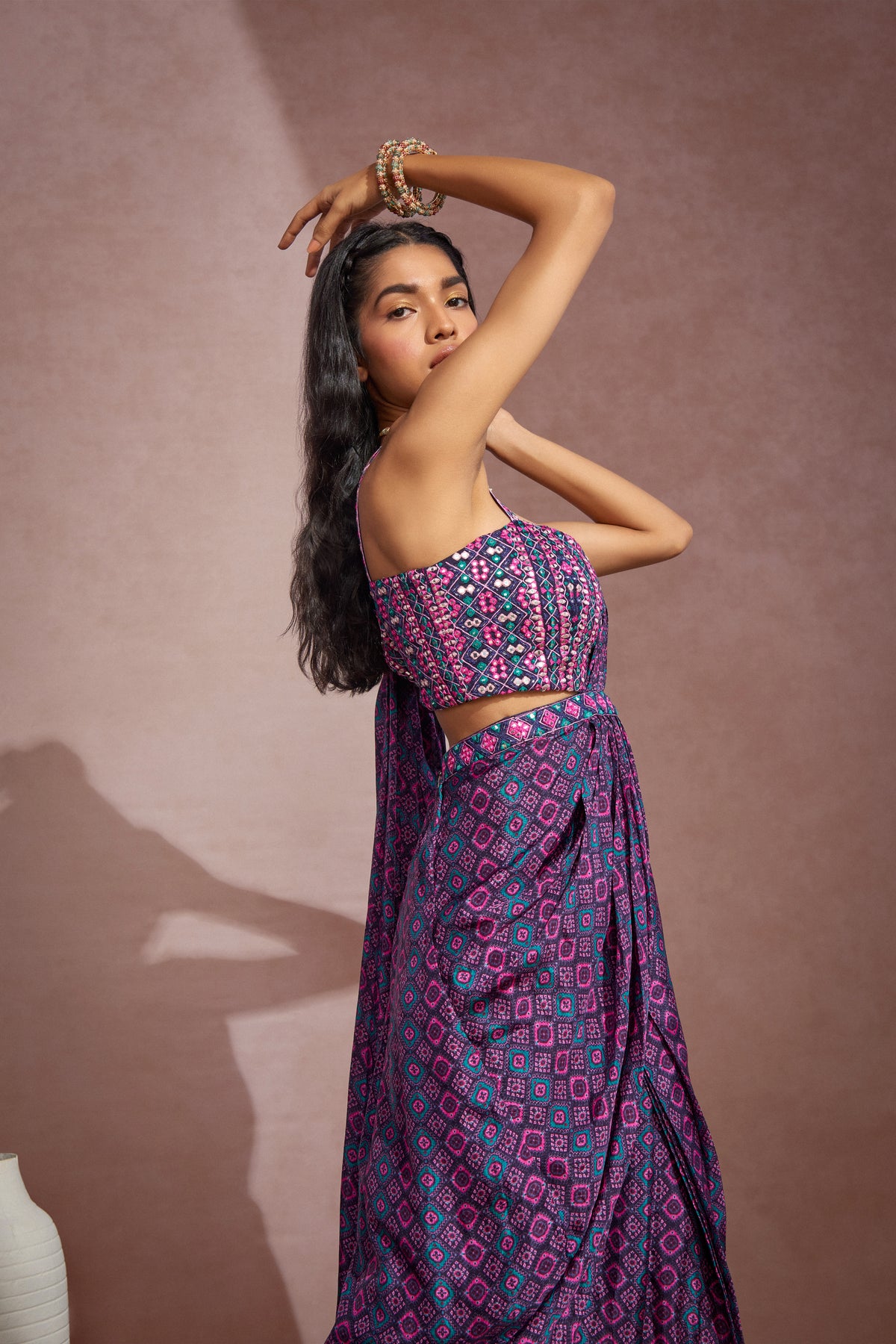 Purple Draped Saree Set