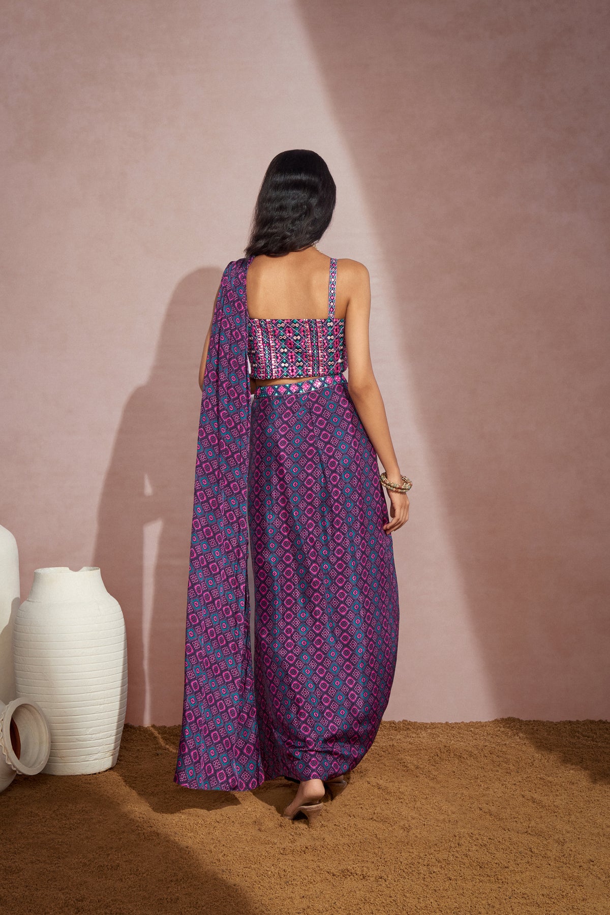 Purple Draped Saree Set