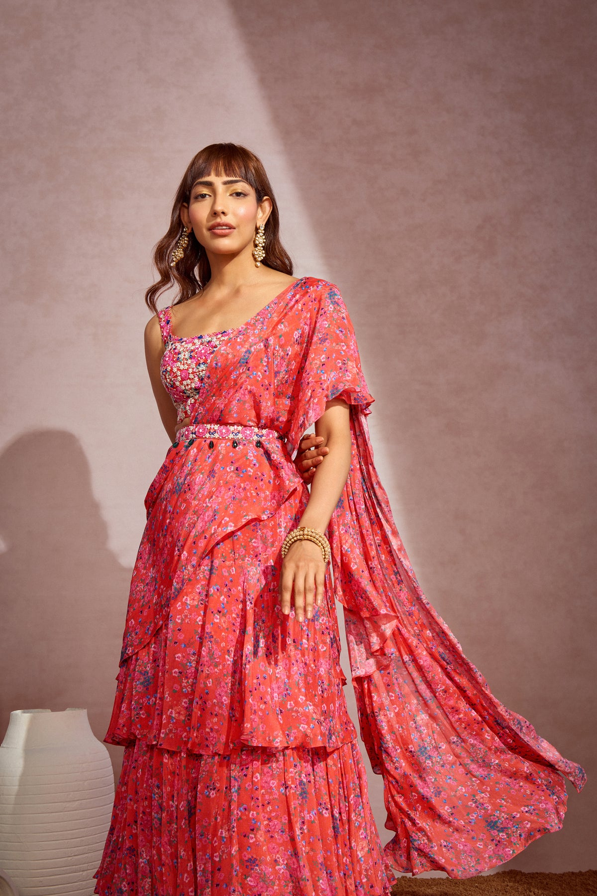Coral Layered Drape Saree