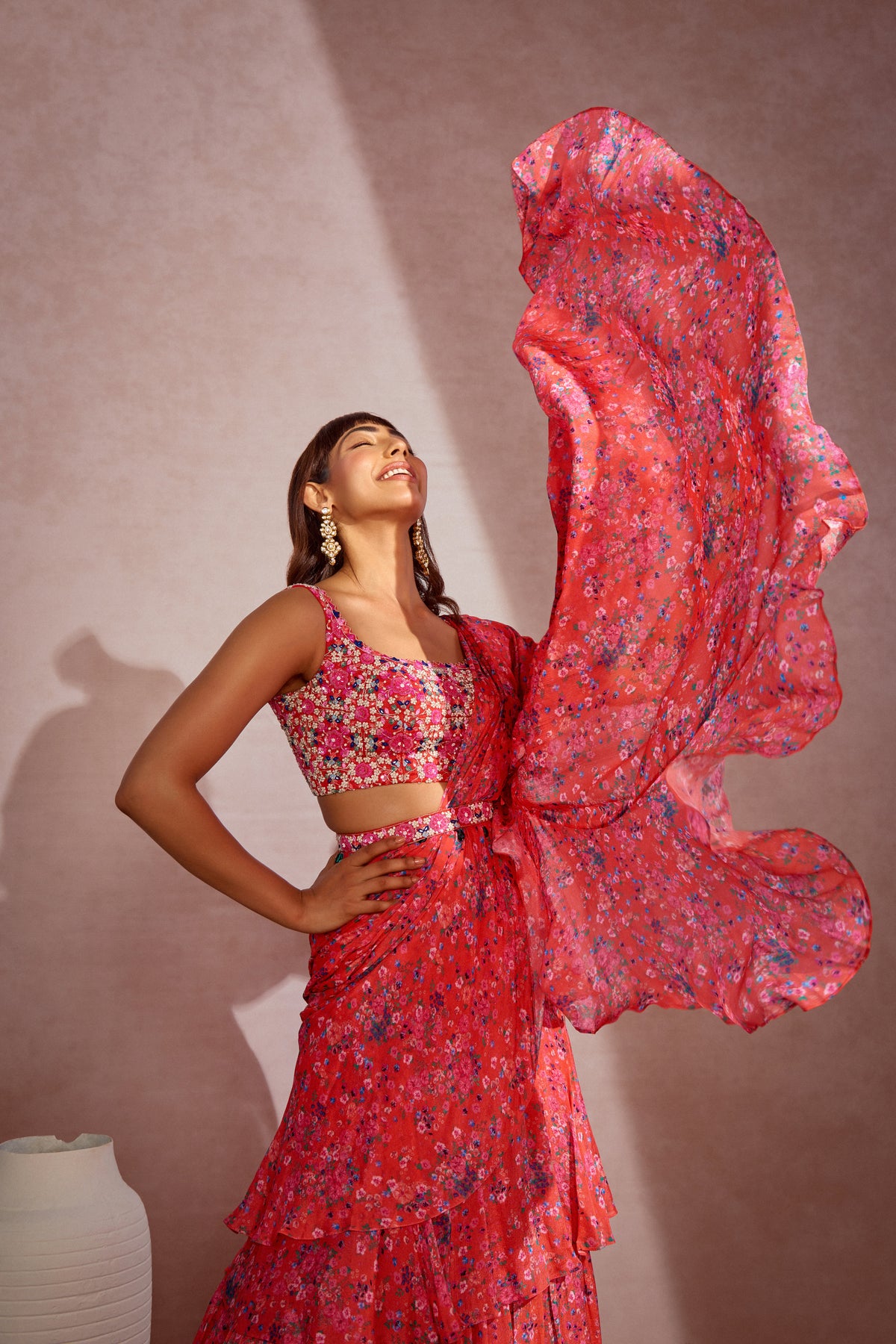 Coral Layered Drape Saree