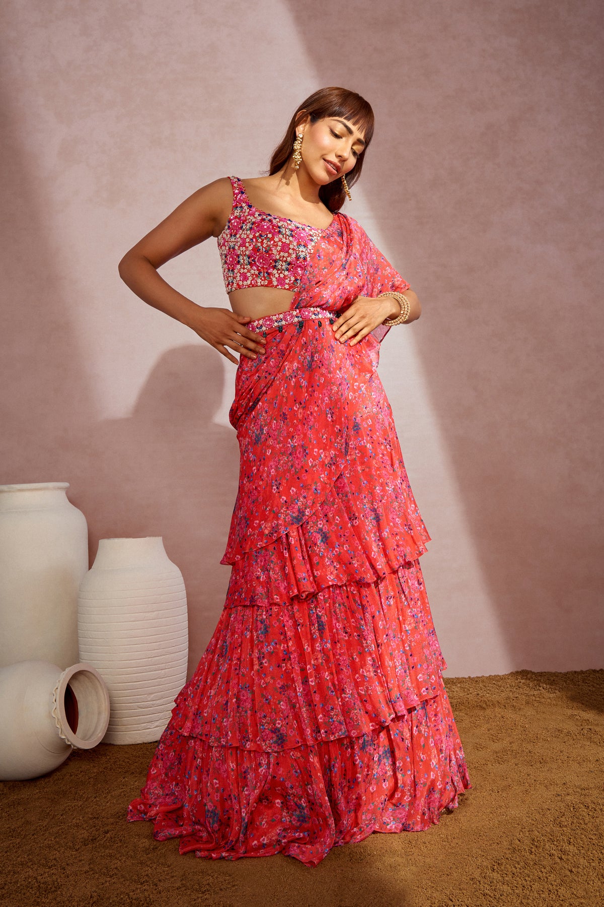 Coral Layered Drape Saree
