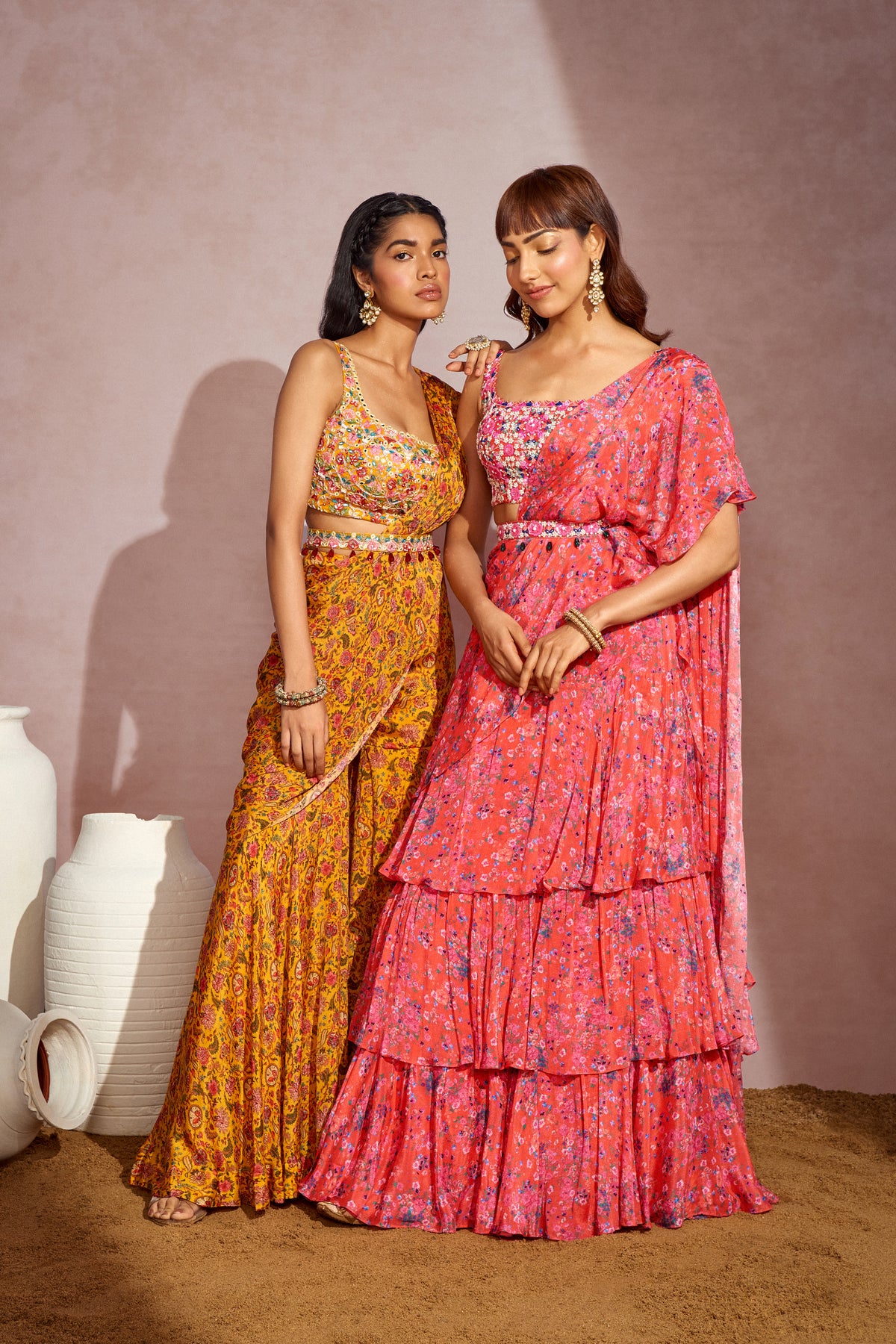 Coral Layered Drape Saree