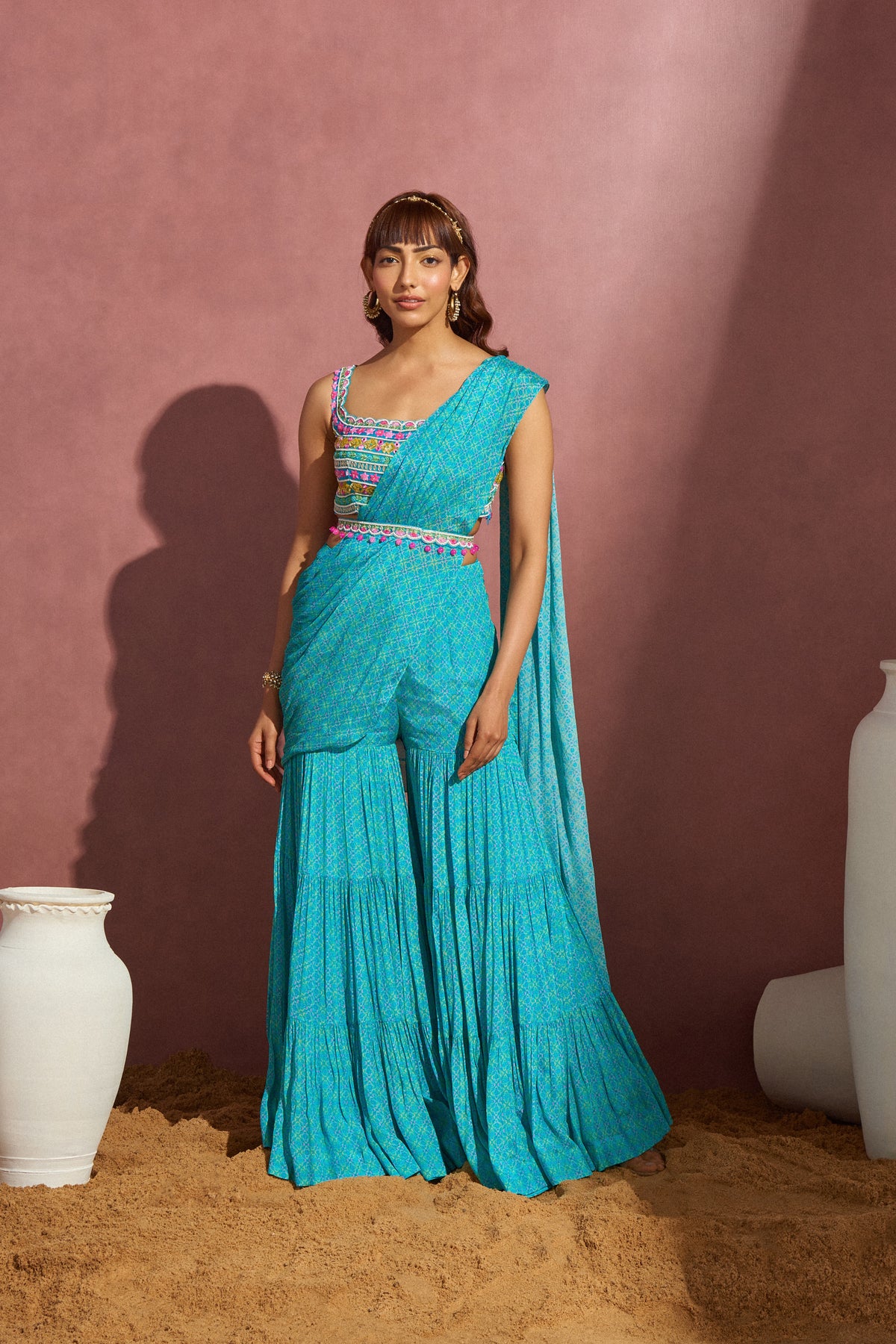 Aqua Printed Draped Saree Set