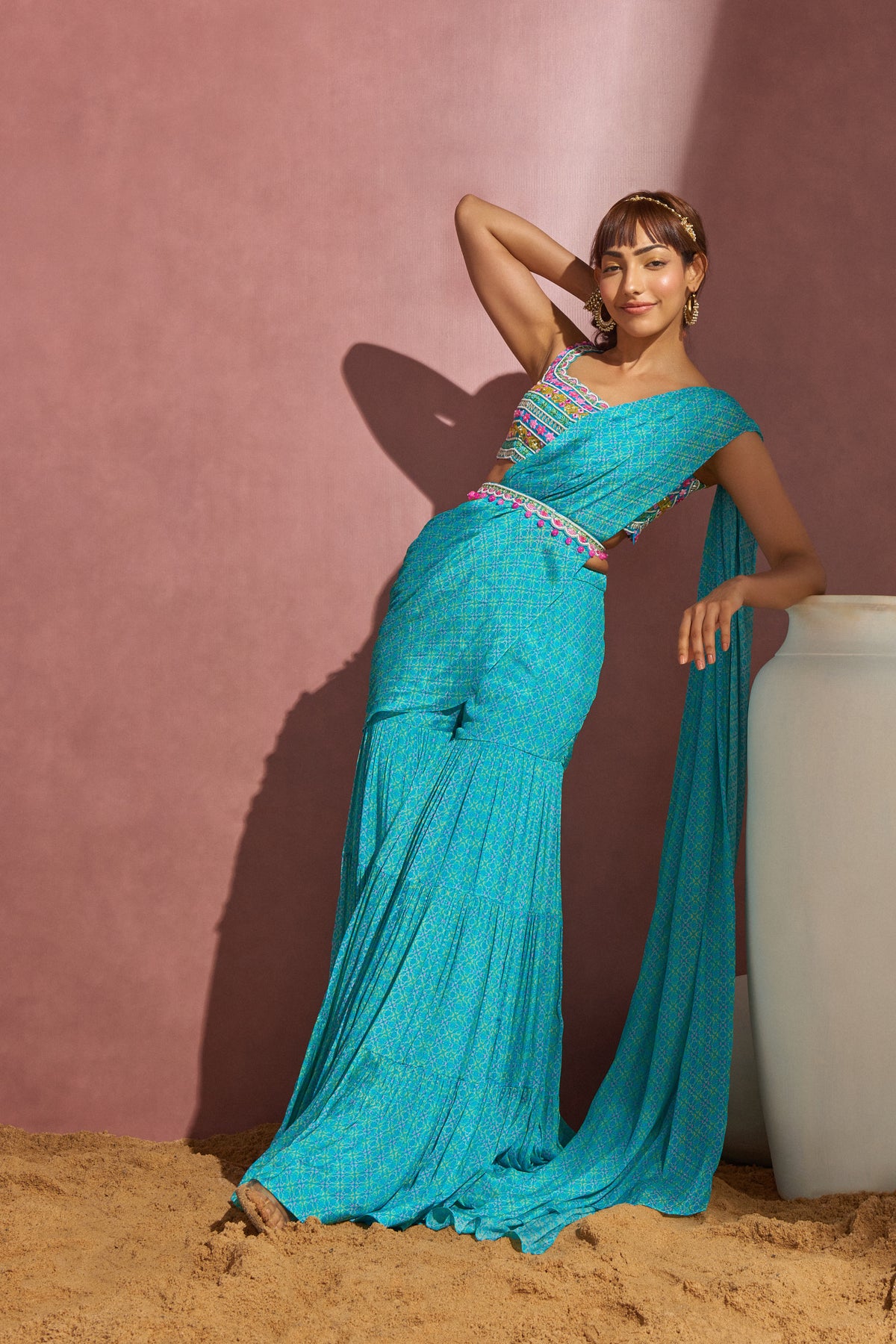 Aqua Printed Draped Saree Set