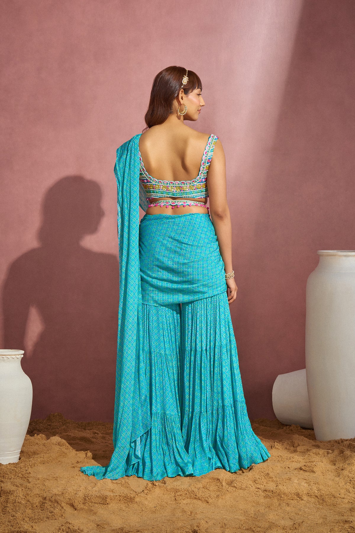 Aqua Printed Draped Saree Set