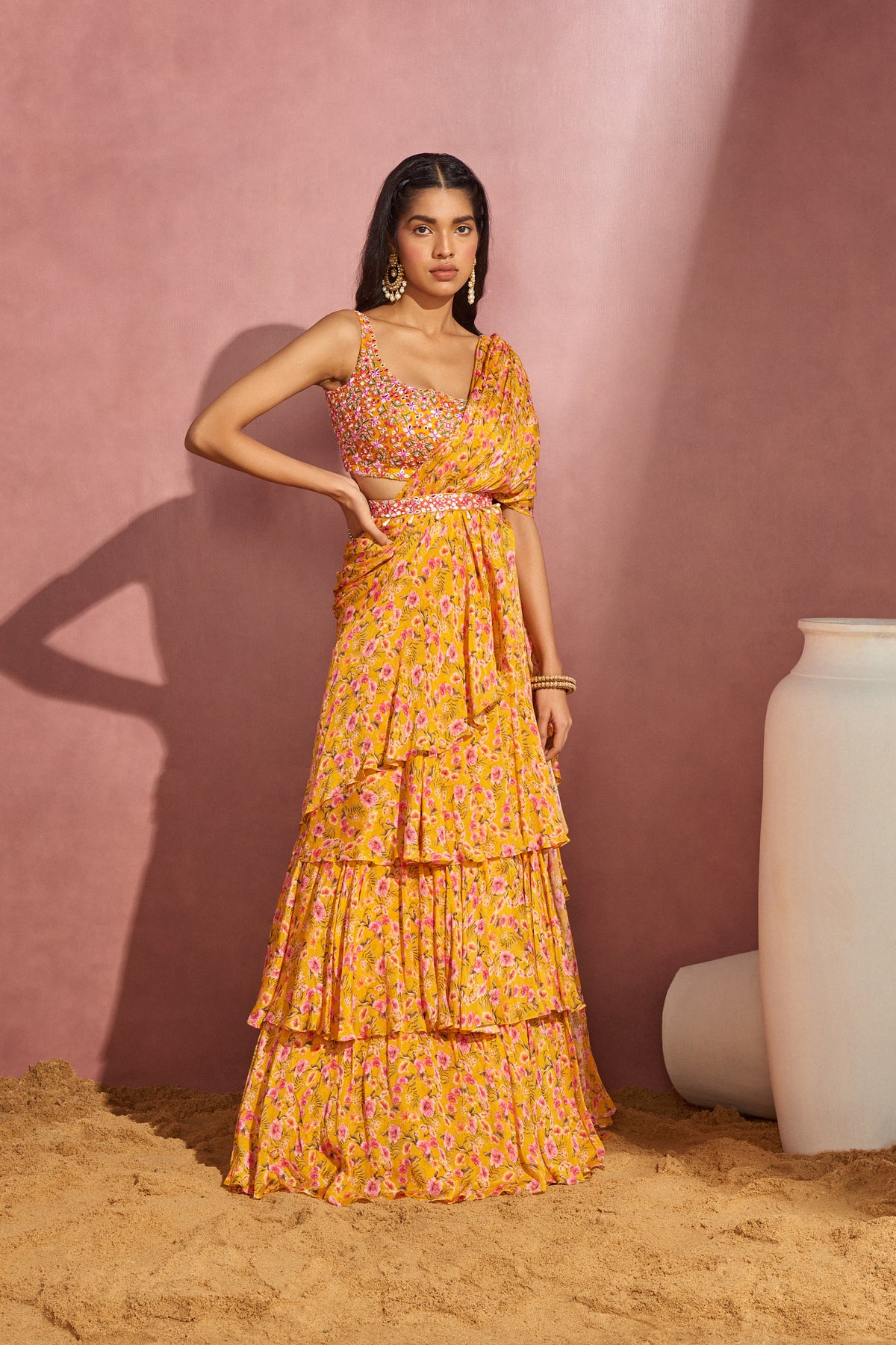 Yellow Daisy Frill Draped Saree