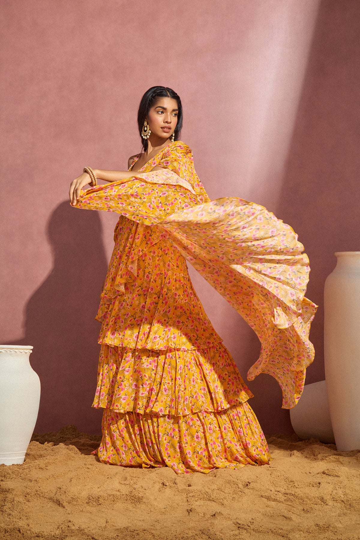 Yellow Daisy Frill Draped Saree