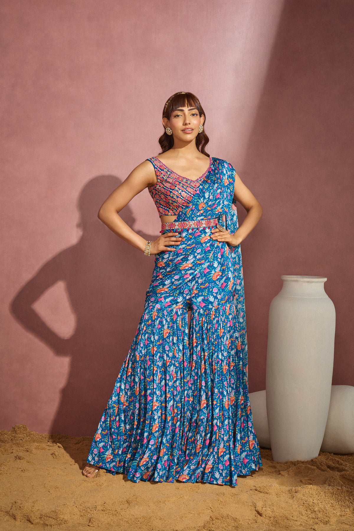 Royal Blue Draped Saree Set