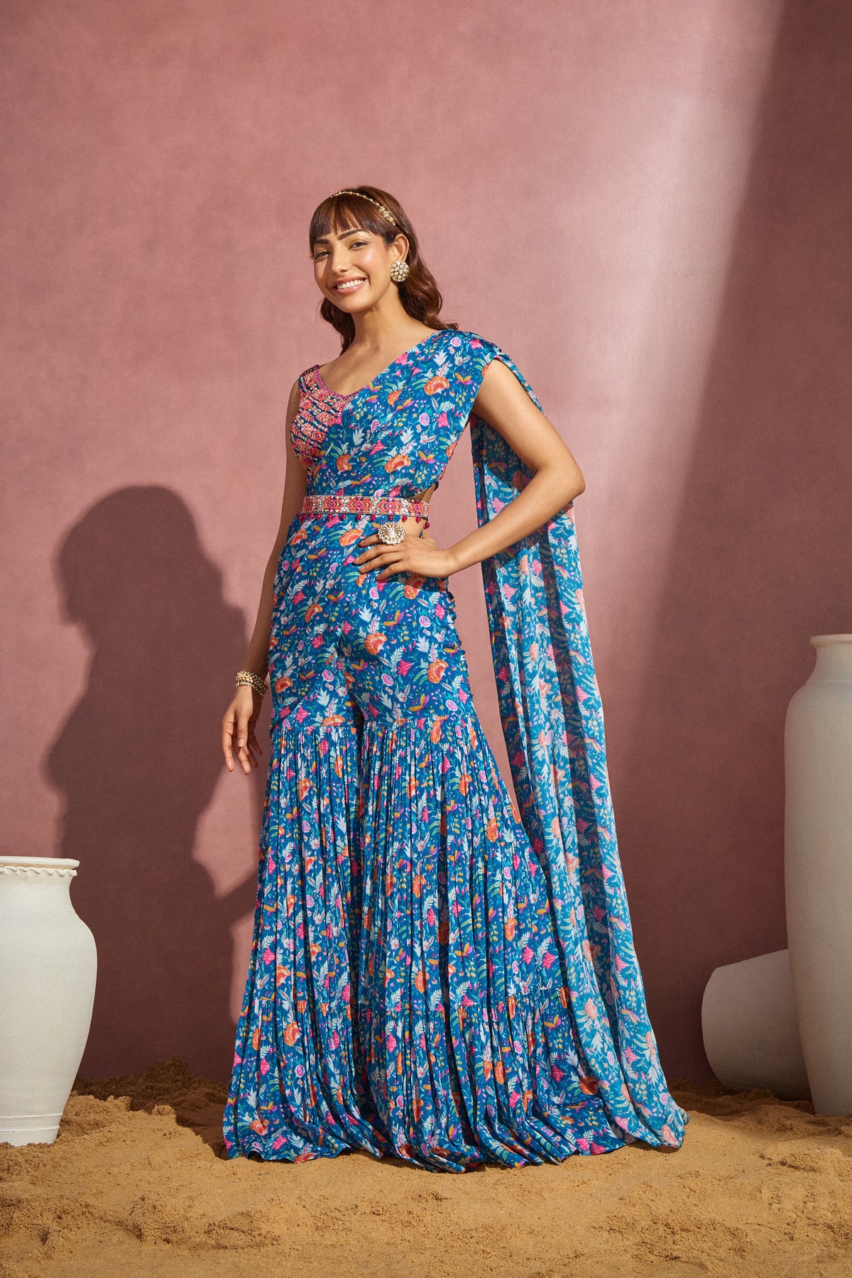 Royal Blue Draped Saree Set