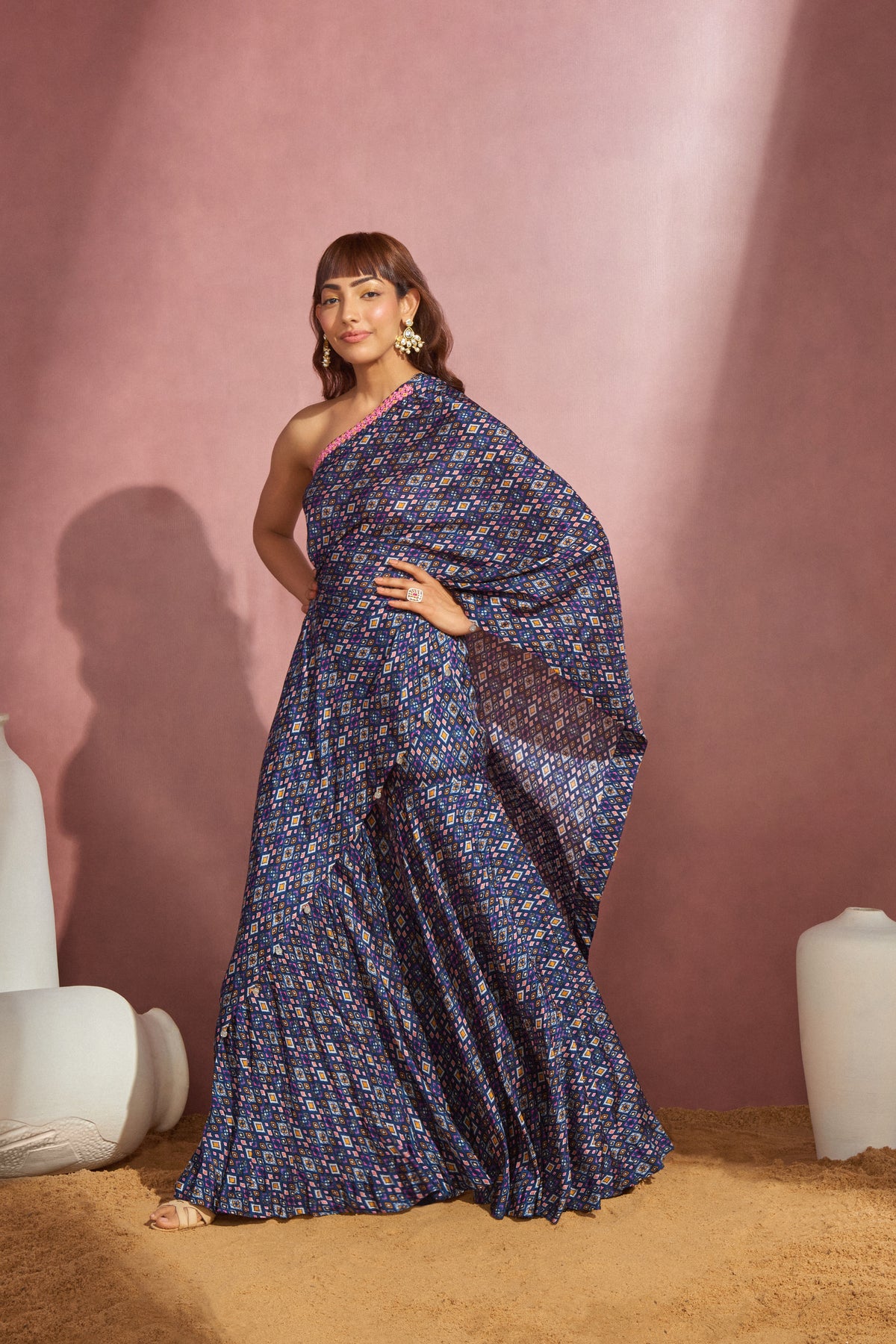 Navy Ikkat One Shoulder Cape Set