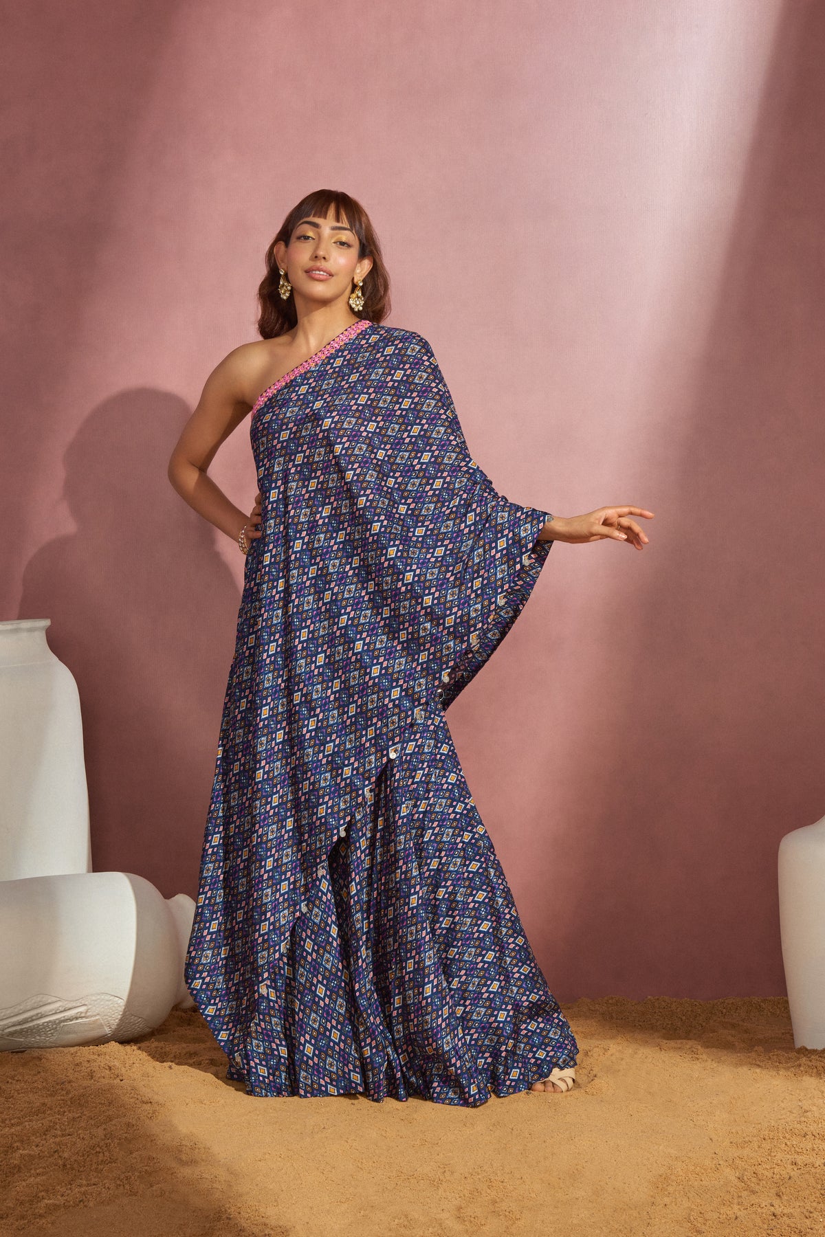 Navy Ikkat One Shoulder Cape Set