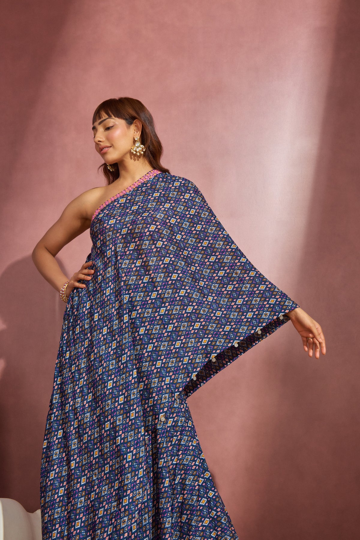 Navy Ikkat One Shoulder Cape Set
