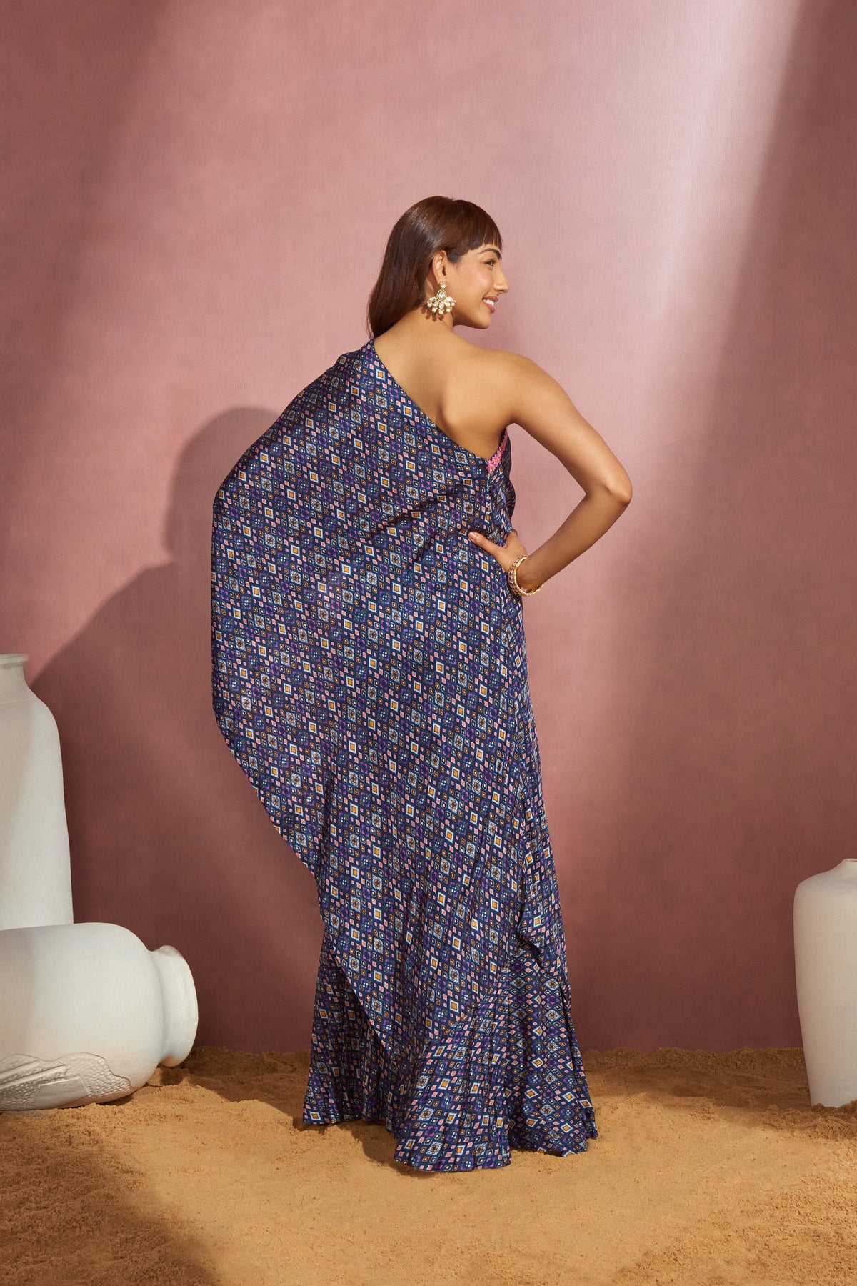 Navy Ikkat One Shoulder Cape Set