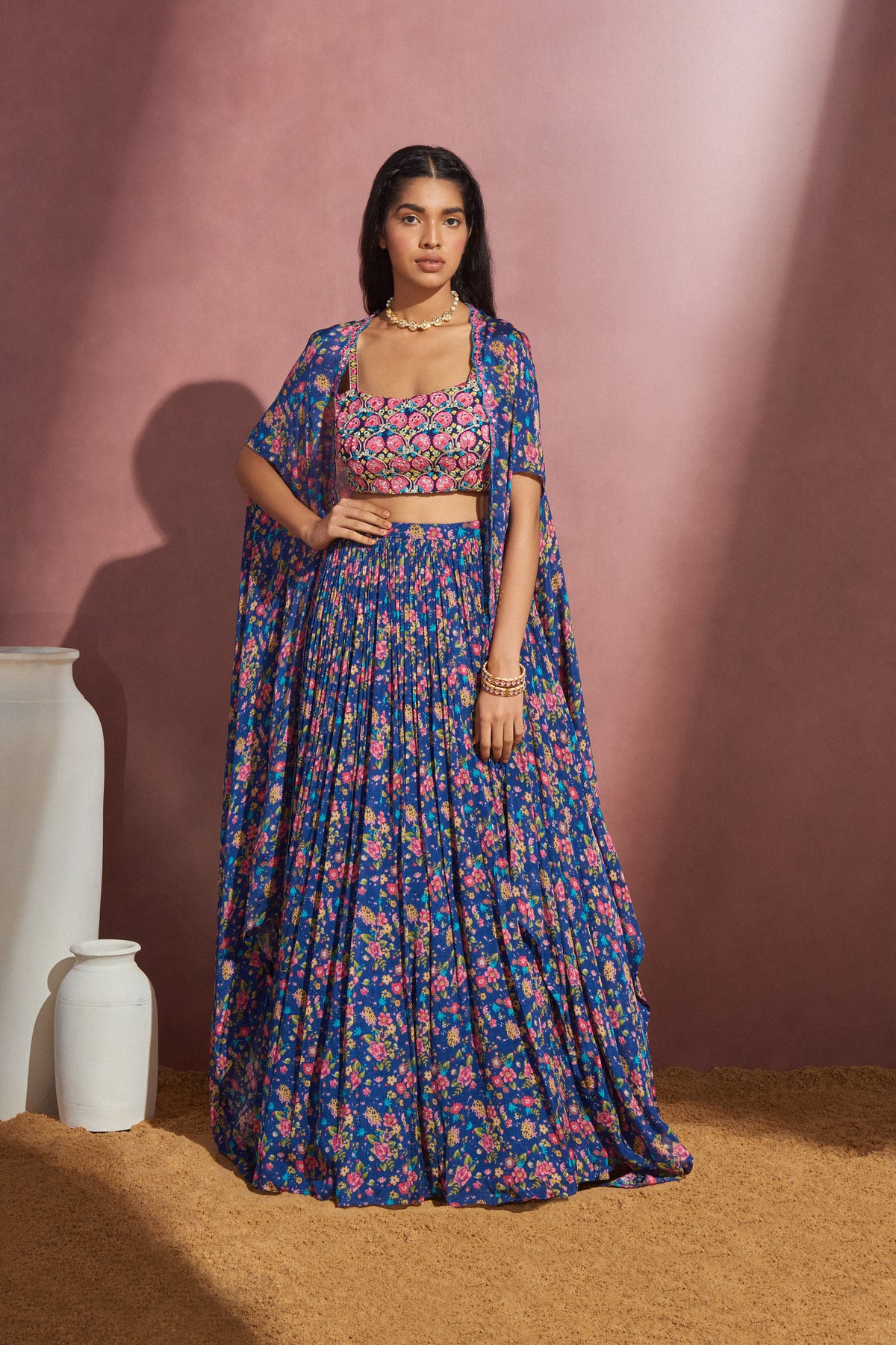 Navy Printed Cape Set