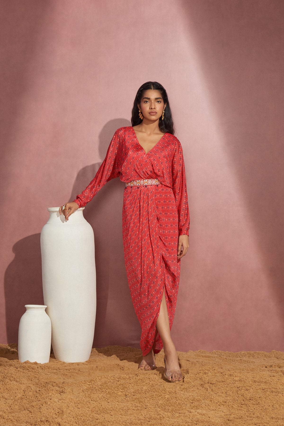 Printed Red Wrapped Dress