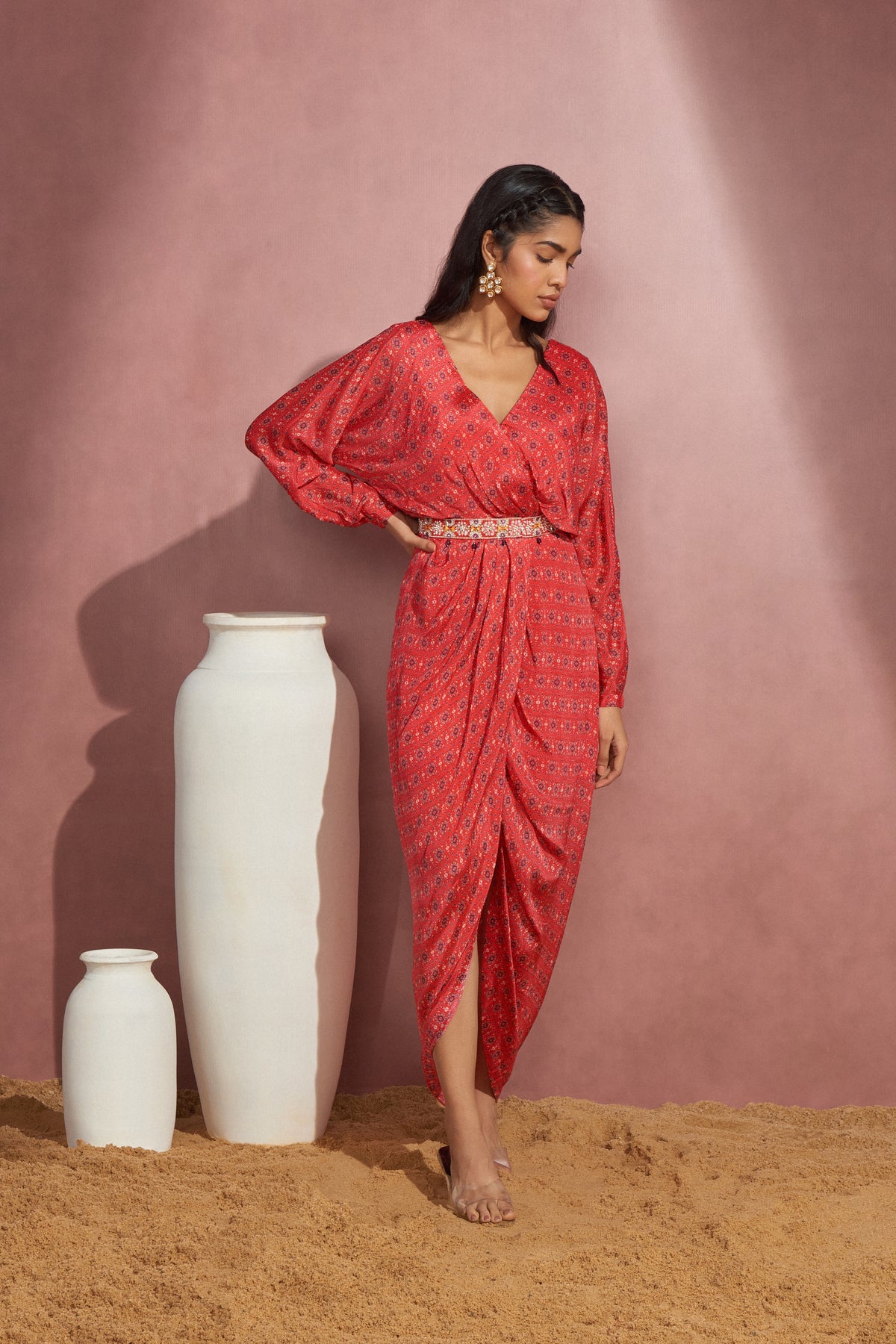 Printed Red Wrapped Dress