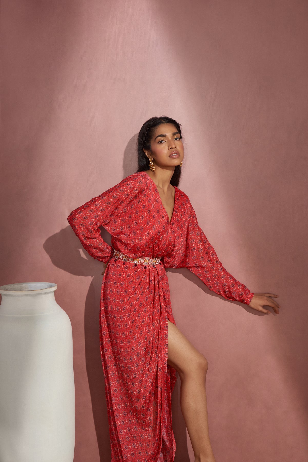 Printed Red Wrapped Dress