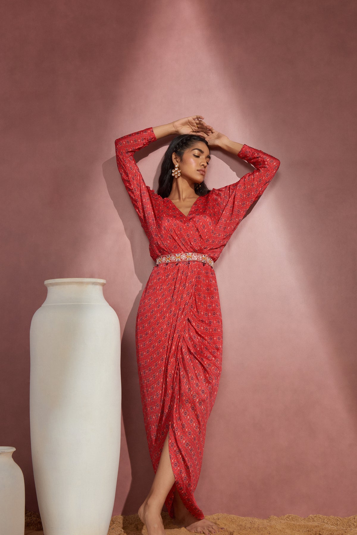 Printed Red Wrapped Dress