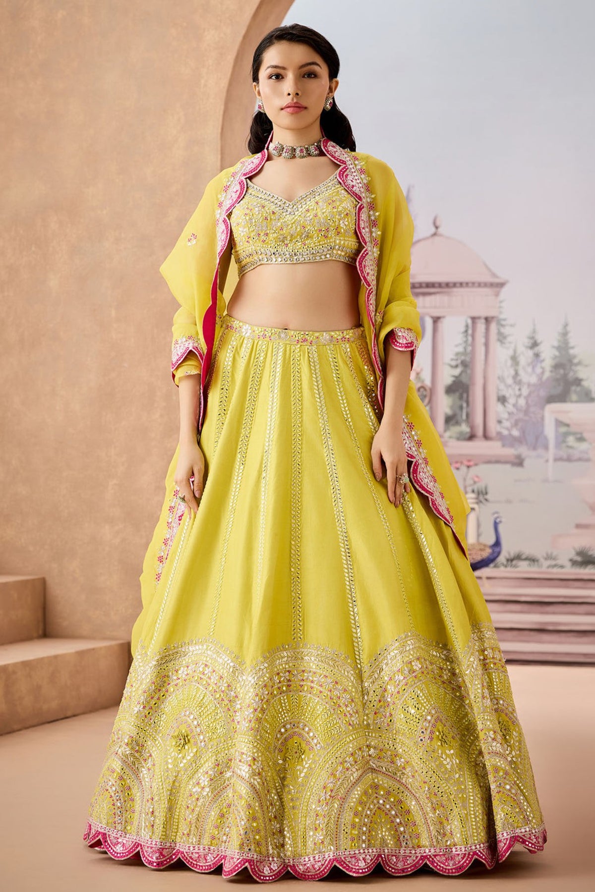 Lime Fuschia Half Lehenga Set