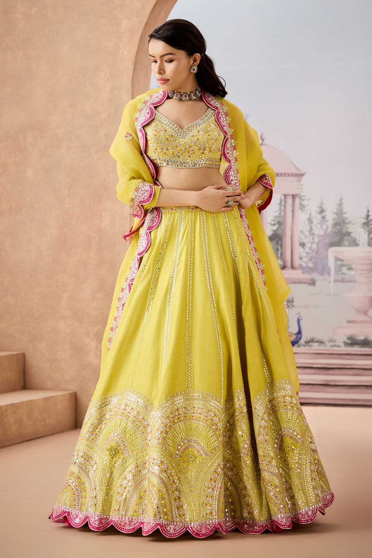 Lime Fuschia Half Lehenga Set