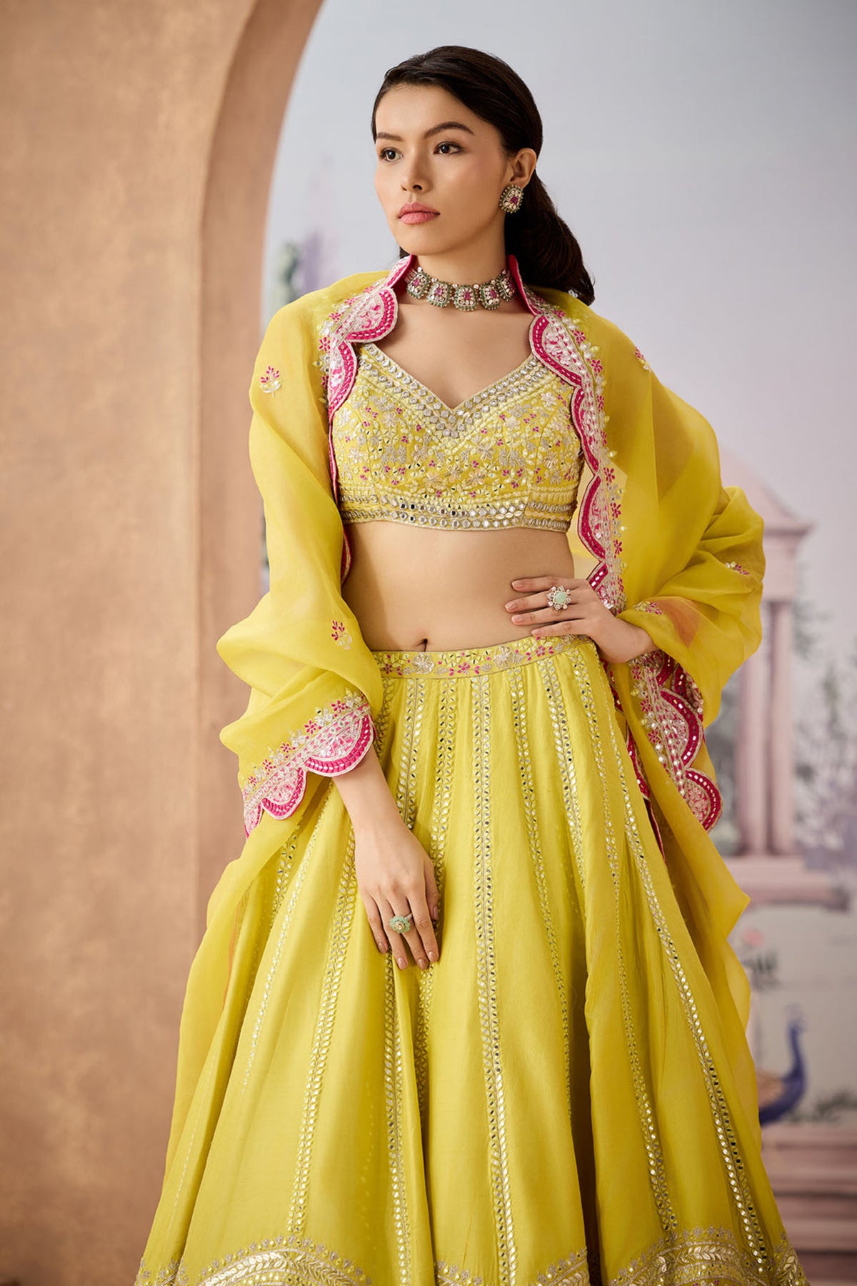 Lime Fuschia Half Lehenga Set