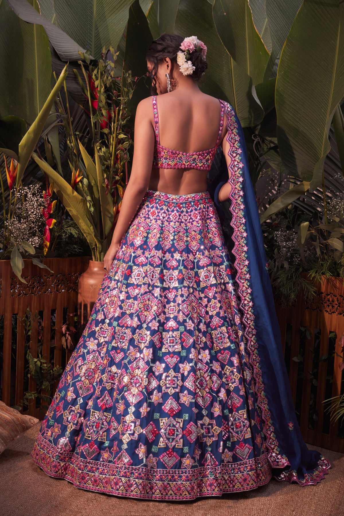 Royal blue geometric lehenga