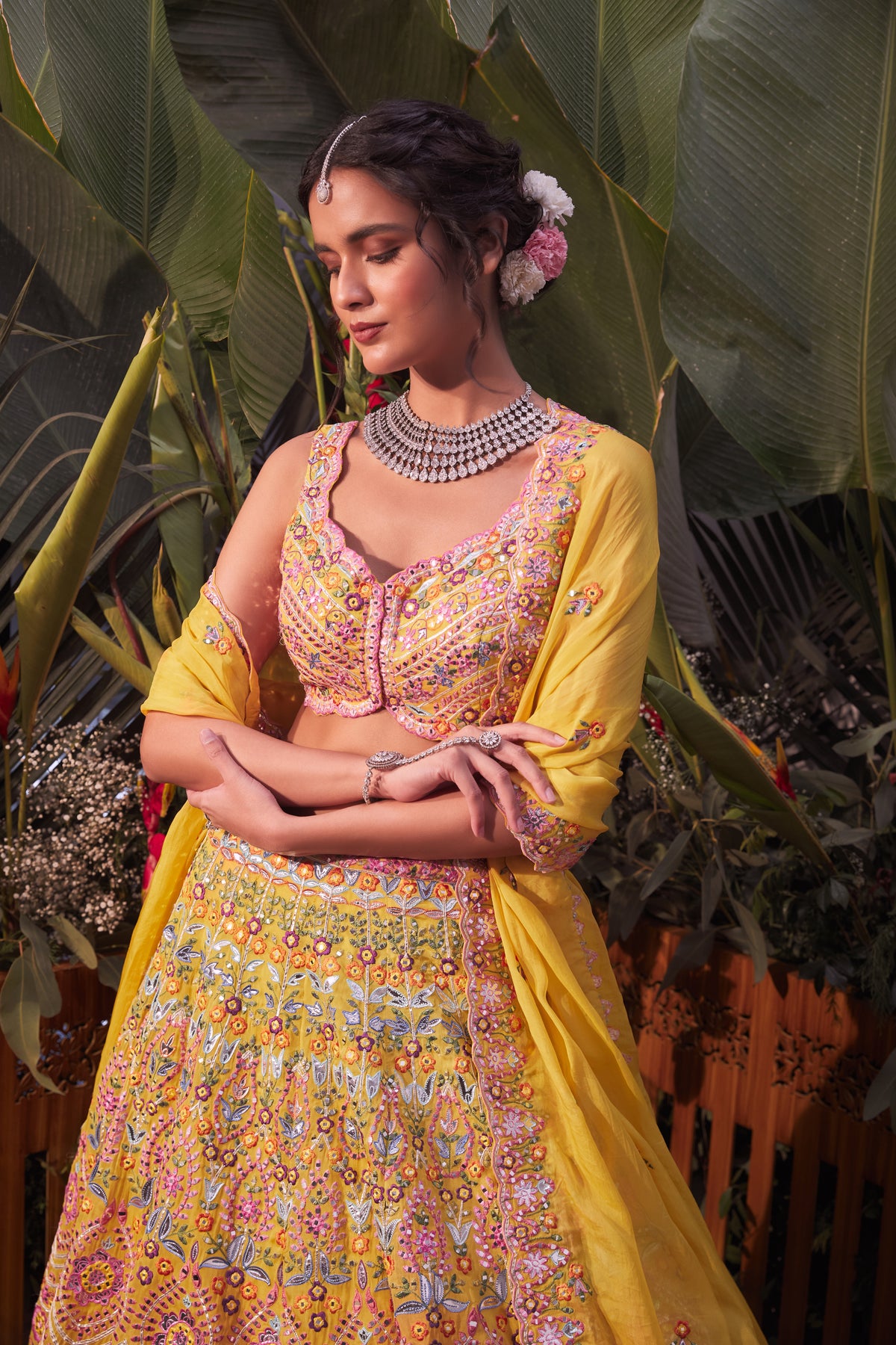 Yellow floral lehenga set