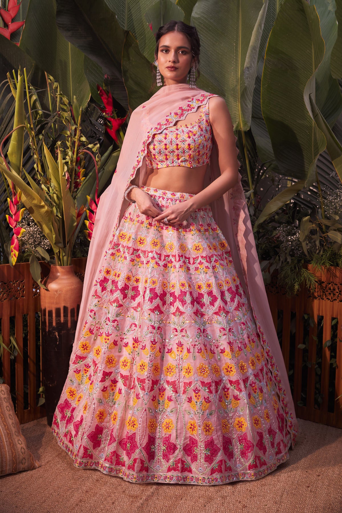 Pink multicolor applique lehenga set