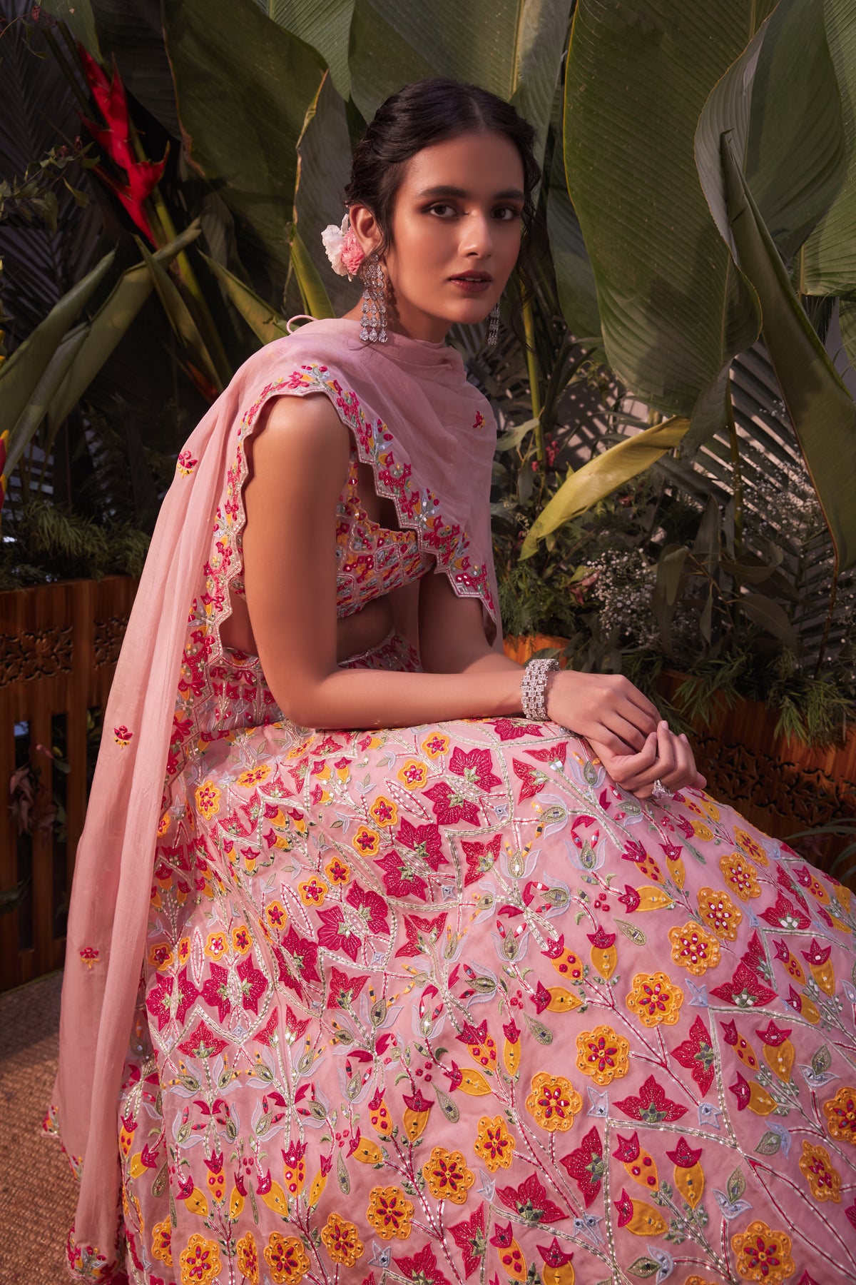 Pink multicolor applique lehenga set