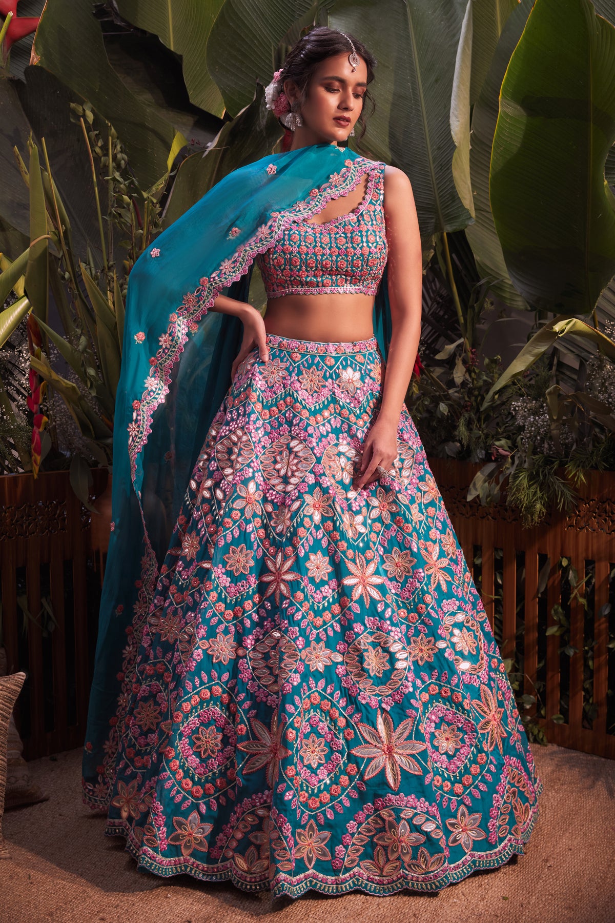 Teal foil applique lehenga set