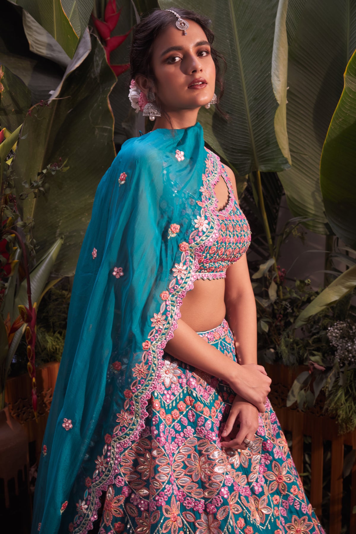 Teal foil applique lehenga set